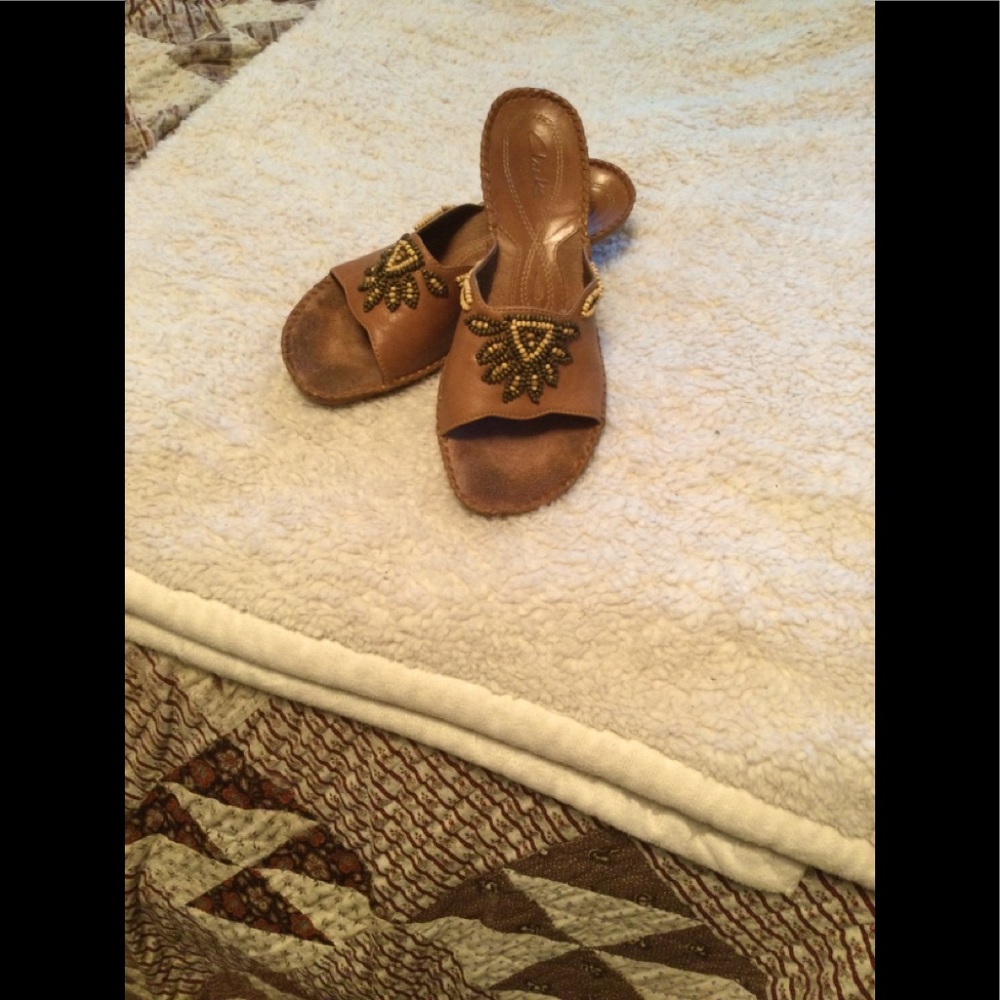 Leather slide sandals with decorative beading